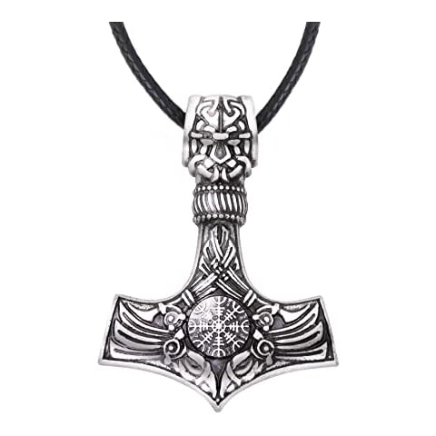 HAQUIL Mjolnir Necklace, Viking Thor Hammer Helm of Awe Pendant, Faux Leather Cord, Viking Jewelry Men Cover