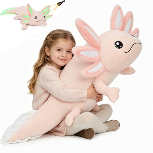 Image of MaoGoLan Giant Glow in the Dark Axolotl Plush Pillow - 48'' Pink Axolotl Stuffed Animal, Hugging Salamander Plush Toy for Kids Girl Boy, Large Salamander Body Pillow Birthday Gift Baby Shower Decor