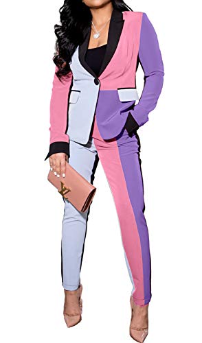 conjuntos de 2 piezas para Mujer - Womens Long Sleeve Color Block Button Blazer Lady Jacket with Bodycon Long Pants Winter Outfits for Women 2 Piece Sets Purple, Small