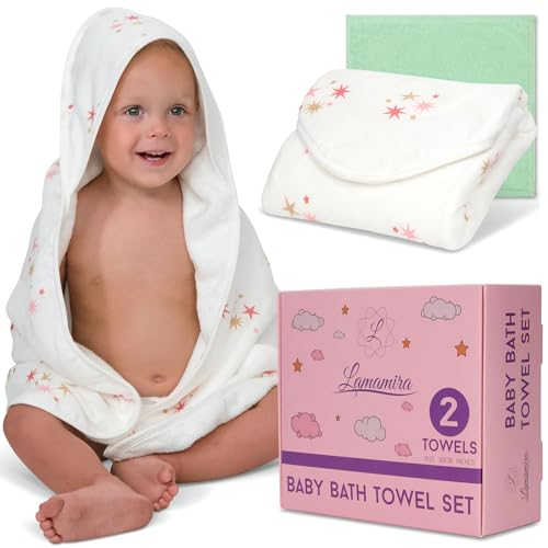 Image of Lamamira Hooded Baby Bath Towel - Soft, Absorbent and Quick-Drying Cloths - Cute Towels with Stars- Infant Drying Washcloth 32x32 (White)