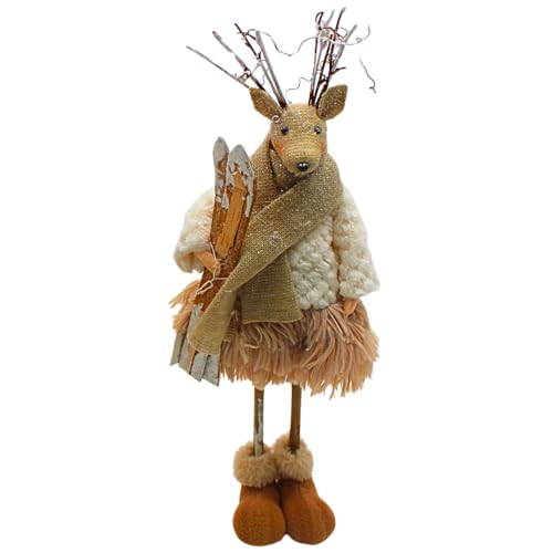 Figura Decorativa XXL de Ciervo, Reno con cornamentas, Figura de Ciervo, Ciervo de pie Textil con esquí, Bufanda y Zapatos de Invierno en Color Blanco y marrón. Dimensiones de una Escultura de Ciervo