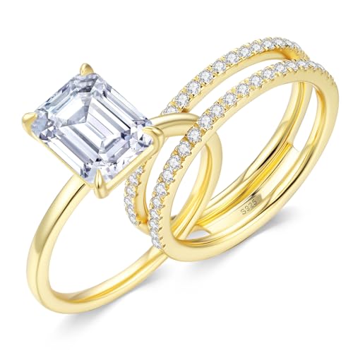 3.5CT Moissanite Bridal Ring Sets for Women D Color VVS1 Clarity Emerald Cut Lab Created Diamond Wedding Ring Sets S925 Sterling Silver with 9K Gold Plated Engagement Rings for Her Size 6.5