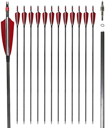 Jocoo 12Pack 30-inch Carbon Arrow with 4″ Turkey Feathers, Hunting/Targeting Arrow for Compound Recurve Longbow