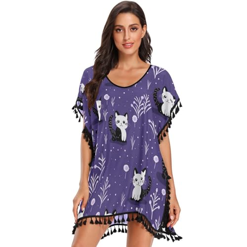 Cats Art Purple Women's Beach Cover Up Chiffon Tassel Swimwear Swimsuit Coverups for Girl