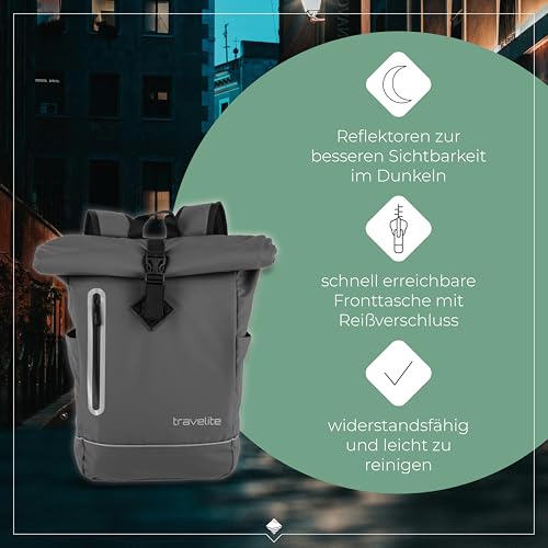 Travelite Rolltop Rucksack wasserfest, Fahrradrucksack, Freizeitrucksack mit Rolltop Verschluss & Reflektoren, BASICS, 48 cm, 19 Liter