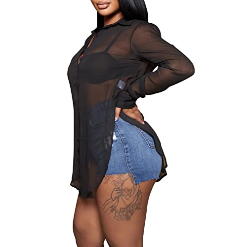 EDITCOZY Women's Sheer Cover Ups Button Up Blouse Sexy Long Sleeve Slit Hem Mesh See Through Shirts Tops2