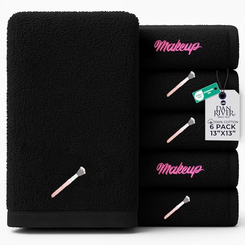 Image of DAN River Black Makeup Towels - Pack of 6 (13x13 in) - Ultra Soft Cotton Face Towels with Embroidery - Reusable, Quick-Dry & Machine Washable Makeup Remover Cloths for Bathroom, Spa & Salon
