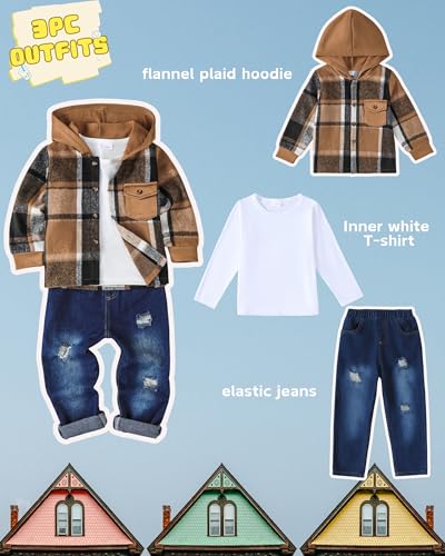 Renotemy 3PCS Toddler Boy Clothes Winter Fall Outfits Flannel Plaid Hoodie Sweatshirt White T-Shirt Jeans Sets for 2-7Y Boys3