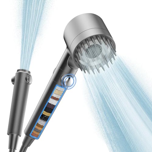 FaAmour High Pressure Shower Heads with 3+1 Spray Modes,Massage Shower Head and Hose 1.5M,Handheld Hard Water Filter Shower Head 15 Layers Filter Against Residual Chlorine,Impurities,Metals (Grey)