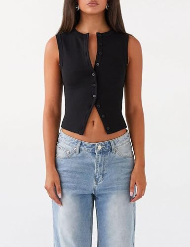 Image of Bozanly Womens Button Down Ribbed Tank Top Summer Sexy Sleeveless Slim Fit Y2k Crop Going Out Tops(0947-Black-S)