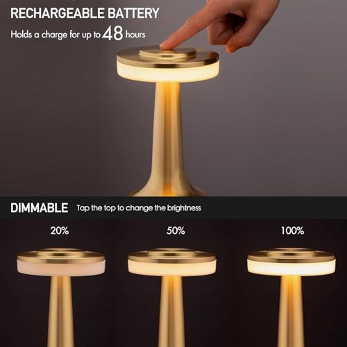 Image of Modern LED Table Lamp, Dimmable Touch Control Bedside Lamp with Warm Light, Rechargeable Wireless Desk Lamp, Minimalist Metal Night Lamp for Bedroom, Living Room, Office Decor, Gold Finish