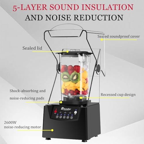 Professional 2200W Countertop Blender for Shakes & Smoothies, 2L Quiet Design with Timer & Speed Control, Ideal for Home & Commercial Use, Dishwasher Safe, 110V
