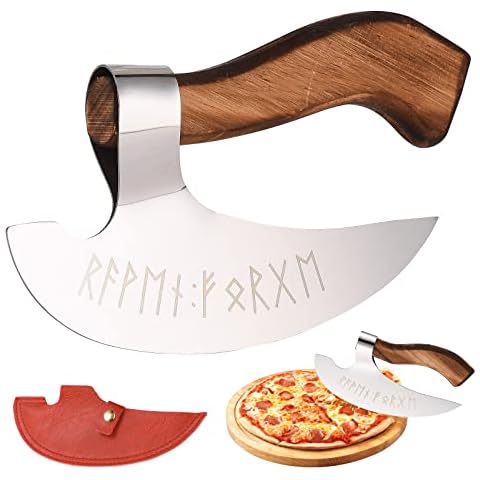 DRYFAL Viking Pizza Axe, Vintage Wood Handle Viking Pizza Axe, Small Viking Axe with Sheath, Handmade Viking Pizza Axe Multipurpose Rust Proof Stainless Steel Viking Axe Head Pizza Cutter Cover
