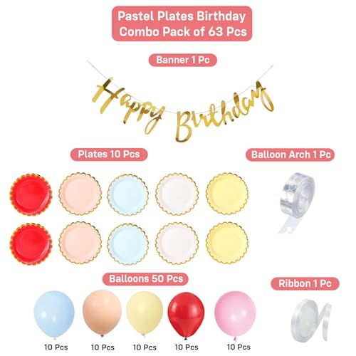 Image of Party Propz Happy Birthday Decoration Kit - 63 Pcs, Multicolor Balloons for Birthday, Birthday Decor Items with Colorful Plates, Golden Happy Birthday Banner Decoration for Boys & Girls (Cardstock)