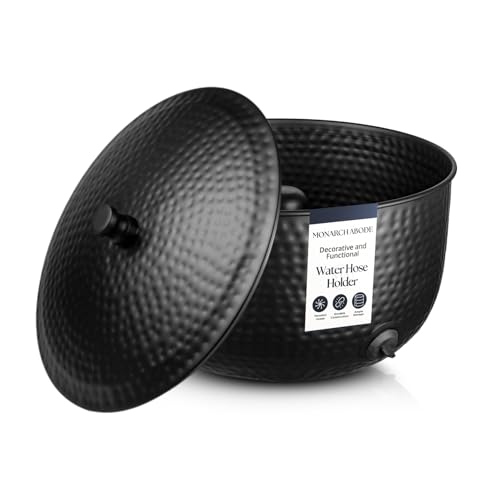 Monarch Abode Garden Hose Holder with Lid – Decorative Water Hose Holders for Outside, Hand Hammered Metal Matte Black Pot with Drainage, 100ft Waterhose Holder for Outside, Garden Storage Caddy