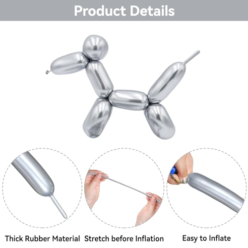 Image of Metallic Silver Long Balloons Premium 260 Twisting Magic Balloons for Birthday Kids Wedding Party Supply 100pcs