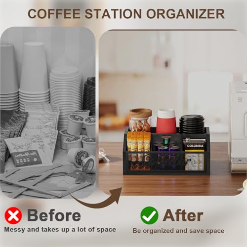 Image of YINMIT Coffee Station Organizer for Countertop, Wood Coffee Bar Organizer with Removable Dividers for Pods, Syrup, Cups, Stirrer, Tea - Office Bar Accessories, Iron Mesh-Black
