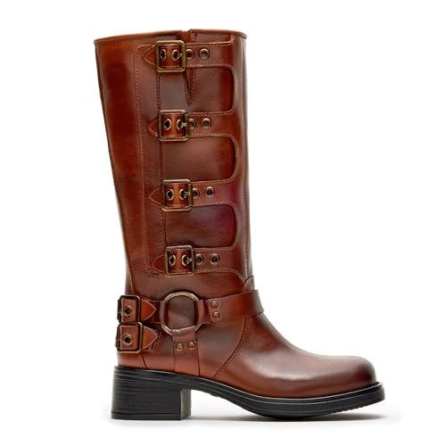 Mid Calf Riding Boots for Women Square Toe Pull On Motorcycle Boots Low Chunky Heel Comfort Moto Biker Boot