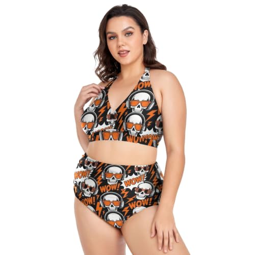 Bikini halter naranja con estampado de calaveras y música para un ajuste perfecto 5