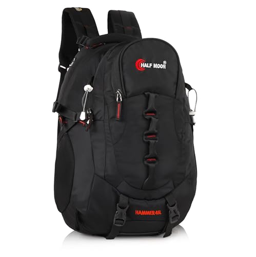 Image of Half Moon 45L Hammer Waterproof 4 Compartment Rucksack /Trekking Bag For Mens | With 17.3 inch Laptop Compartment & Rain Cover | 1 Year Warranty | For Hiking, Travel Backpack For Boys & Girls (Black)