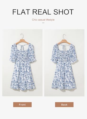 Image of Dokotoo Womens Casual Summer Dresses Short Sleeve Square Neck Smocked Boho Floral Sundress Flowy A-Line Mini Dress