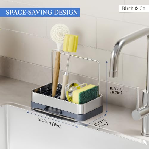 Image of Birch & Co. Kitchen Sink Caddy Organizer, Stainless Steel Countertop Storage Rack with Sponge Holders, Dishcloth Towel Bar & Brush Holder, Self-Draining Sink Organizer