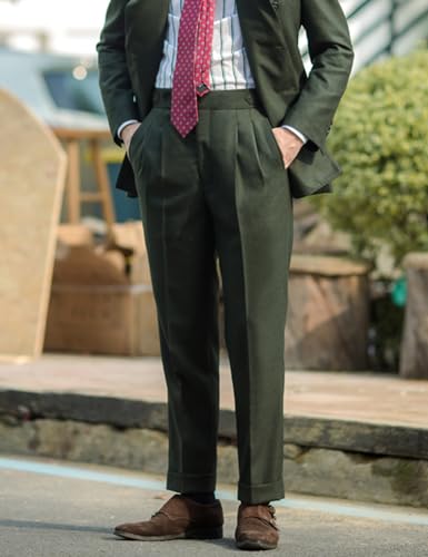 Snoly Men's Winter Retro Woolen Gurkha Flat Front Pant Tapered Leg Straight Chino Rolled Pants Buckle Back2