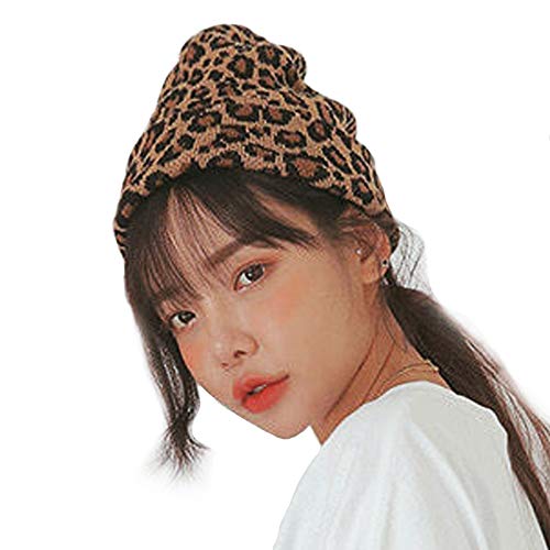 Crizan Women Girls Wool Blend Faux Fur Paisley Leopard Print Double Layers Winter Thick Slouchy Cable Knit Skull Beanie Hat Ski Cap (Brown And White) #TOP1