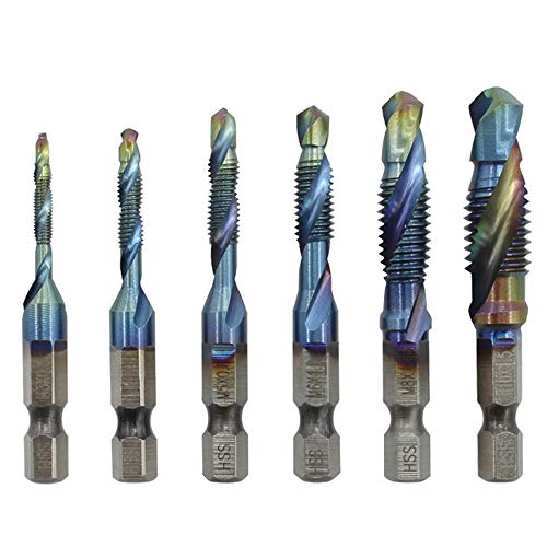 1 4 Inch Hex Shank Tap Drill Bit Set HSS Thread Spiral Combination Drilling Tapping Chamfering Metal Tools Bits Metric & Inch M3-M10, 6 Pcs