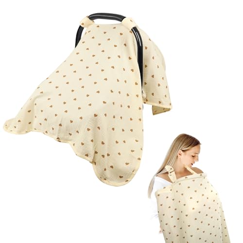 Image of Hooyax 2-in-1 Baby Car Seat Cover & Nursing Cover, 100% Muslin Cotton, Breathable Car Seat Canopy and Privacy Breastfeeding Cover, Tiny Heart