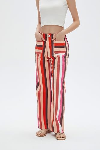 LifeShe Womens Striped Pant Casual High Waisted Straight Leg Denim Pants Trouser4