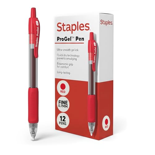 Image of STAPLES Retractable Gel Pens, Fine Point, Red Ink, 12 Pack - Smooth Writing, Quick‑Dry Pens for Notes, Editing & Office Use