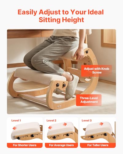 Image of VEVOR Ergonomic Kneeling Chair, Wooden Posture Knee Chair with Adjustable Thick Foam Cushions, Backrest and Wood Frame, Adjustable Height, Relief for Neck or Back Pain for Home, Office or Meditation