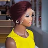 PangDongLai 13x4x1 Lace Frontal Wigs Pixie Cut Lace Front Human Hair Wigs Chic Elegent Short Straight Bob Wigs Pixie Cut Wigs For Black Women 150% Density Dark 99j for Daily Use (dark 99J)