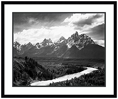 Amanti Art Wood Framed Wall Art Print View from river valley towards snow covered mountains river in foreground Grand Teton National Par by Ansel Adams (30.1 in. W x 25.4 in. H), Svelte Noir Black Framed Wall Decor - Large,DSW4358028