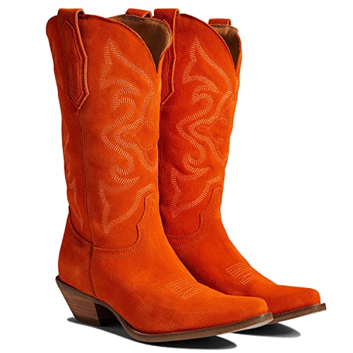 Image of LEHOOR Cowboy Boots Women Embroidered Mid Calf Western Boots Stacked Low Heel Pointed Toe Pull On Cowgirl Boot 4-11 M US
