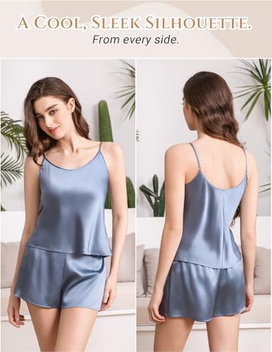 Image of THXSILK 100% Mulberry Silk Women Cami Pajama Set, Tank Top with Shorts Sleepwear, Adjustable Spaghetti Straps, Luxury Pj Set