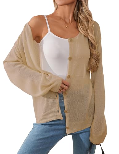Image of Libsorge Womens Oversized Lightweight Sheer Button Cardigan Spring 2025 Trendy Solid Ribbed Knit Long Sleeve Thin Sweater