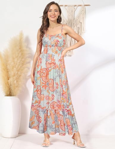 Image of GRACE KARIN Summer Dresses for Women 2026 Vacation,Smocked Floral Maxi Dress,Boho Beach Sundress with Pocket Fashion Clothing