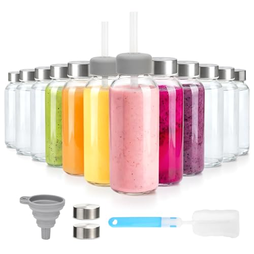Zukro 12 oz Glass Juice Bottles with Lids, Airtight & Leak proof, Reusable Clear Small Glass Bottle With Stainless Steel Cap for Juicing, Water, Smoothie & Milk, Dishwasher Safe & BPA Free,
