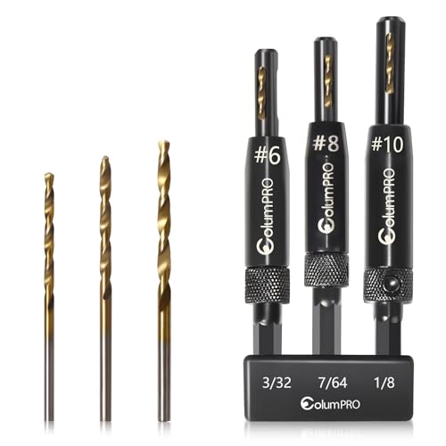 ColumPRO 3 PCS HSS Self Centering Drill Bit Set 3/32(#6) 7/64(#8) 1/8 (#10) Titanium-Plated Left-Handed Countersink Pilot Hole Drill Bit for Door Window & Cabinet Woodworking