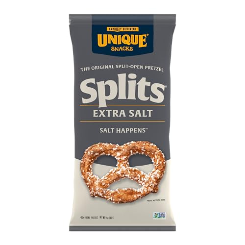 Unique Snacks Extra Salt Splits Pretzels, Original Split-Open Pretzels, Delicious Homestyle Baked Snack Bag, OU Kosher, and Non-GMO Food, No Artificial Flavor, 11 Oz. Bag, Pack of 3