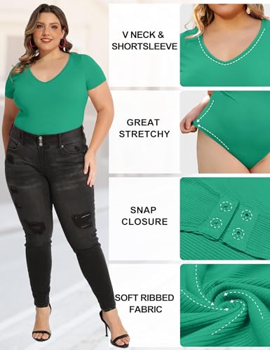 Image of COOTRY Plus Size Short Sleeve Bodysuits for Women V Neck Body Suit Tops Basic One Piece Bodysuit T Shirt