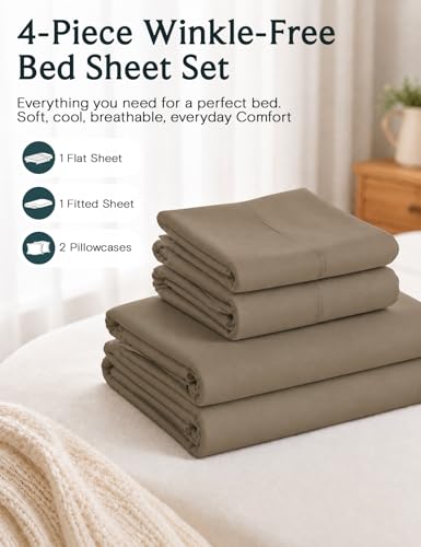 Image of LuxClub 4 PC King Sheet Set, Breathable Luxury Bed Sheets, Deep Pockets 18 inch Wrinkle Free Cooling Bed Sheets Machine Washable Hotel Bedding Silky Soft - Dark Khaki King