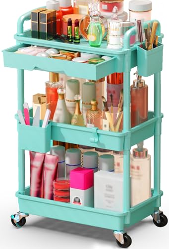 SUNALLY Makeup Cart Organizer with Drawer, 3 Tier Rolling Makeup Cart, Blue