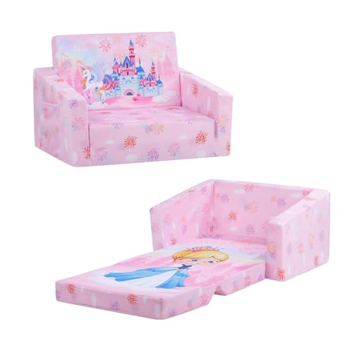 Sofás Plegables para niños con Respaldo Sillón 2 en 1, Sillón Infantil Cómoda Estable Ligero con Bolsillo de Tela, Sofá Cama Asiento para Bebé para Dormitorio Sala de Juegos, Castillo Princesa
