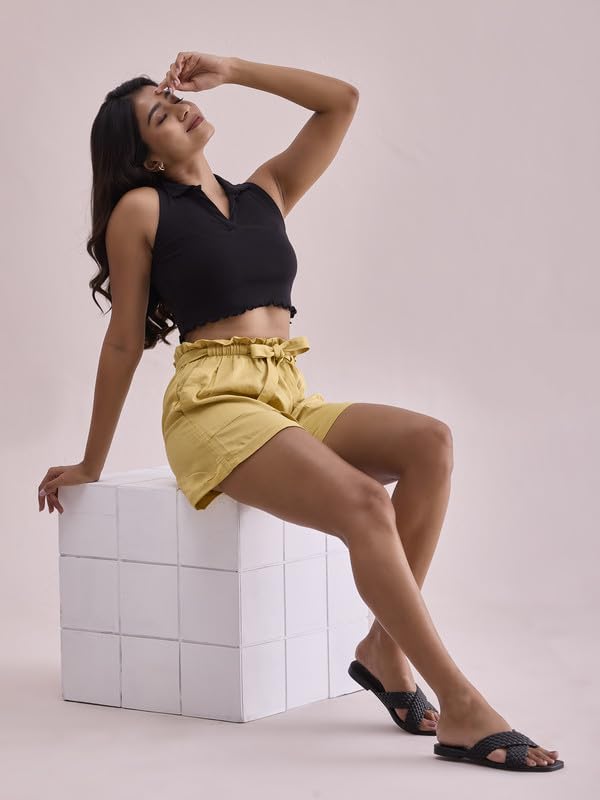 Image of GO COLORS Women Solid High Rise Relaxed Fit Linen Shorts