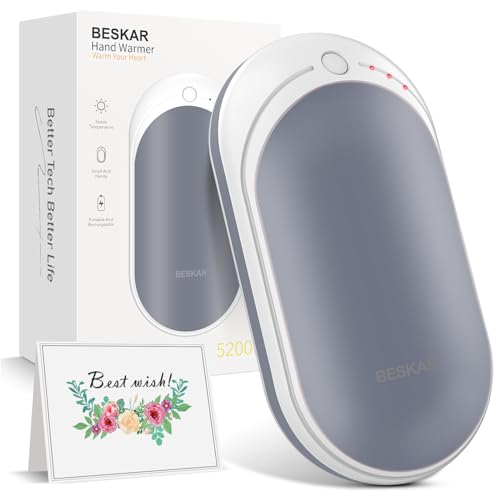 BESKAR Rechargeable Hand Warmer 5200mAh Electric Hand Heater Double-Sided Heating USB Quick Charge Portable Pocket Hand Warmer for Outdoor Golf Raynauds