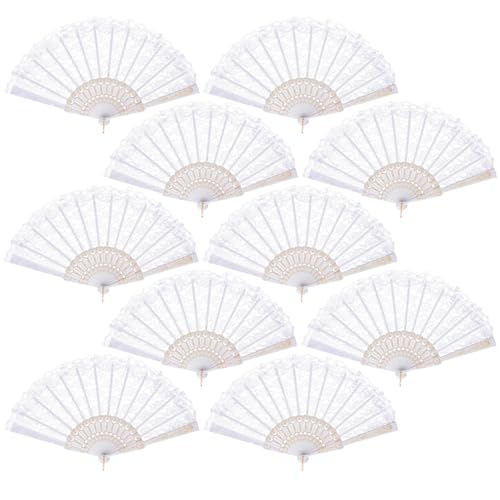QIRMIZI 10 Pack Lace Handheld Folding Fan - Elegant Silk Fan for Womens Wedding Decoration and Dancing Party - White