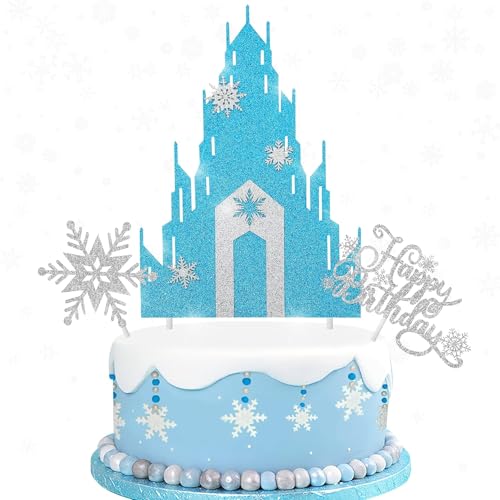 Castillo de hielo Decoración para Tartas, Decoracion Tarta Cumpleaños Princesa de hieli, Happy Birthday Topper, Decoración de Pasteles para Fiestas Cumpleaños Infantiles, Baby Shower (F)